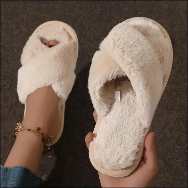 Women’s CrissCross Band Plush House Slippers - Open Toe Fuzzy Warm Winter Indoor Shoes for Cozy Comfort - Women