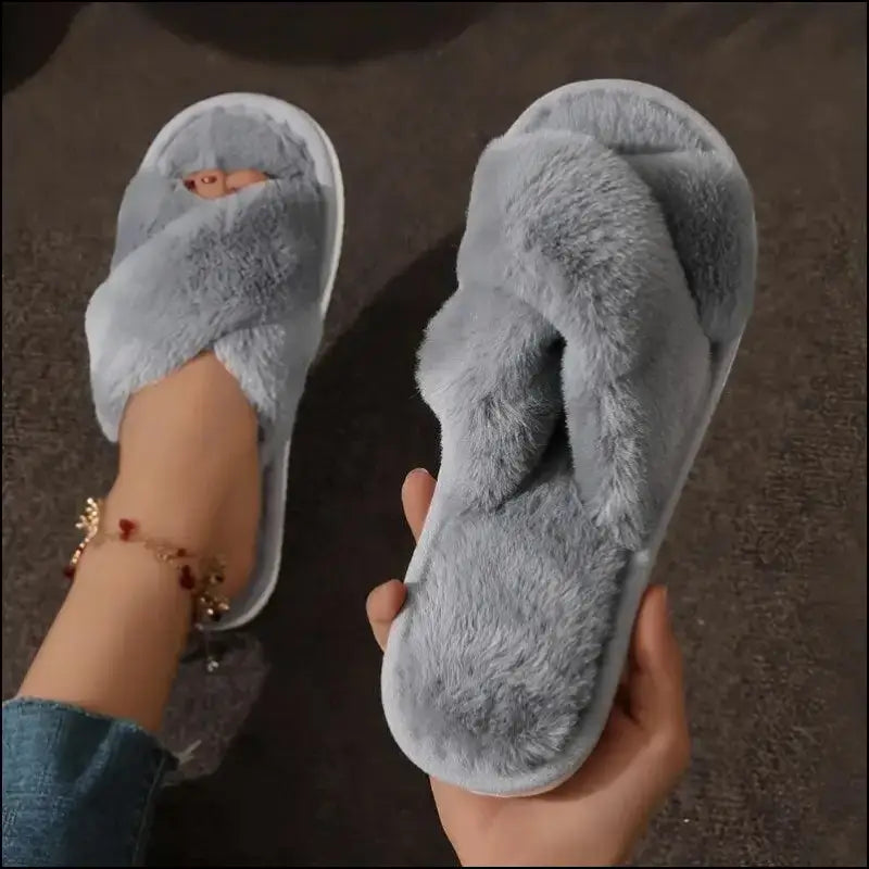 Women’s CrissCross Band Plush House Slippers - Open Toe Fuzzy Warm Winter Indoor Shoes for Cozy Comfort - Women