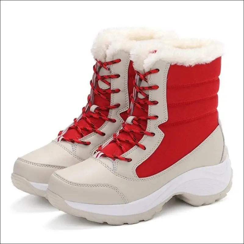 Women’s Snow Boots - Non-Slip Platform Winter Shoes Fur-Lined Warm Ankle Waterproof Wedge Thigh High for Women - Red