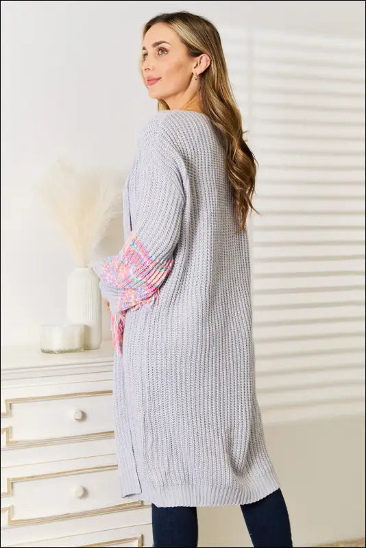 Woven Right Fringe Sleeve Dropped Shoulder Cardigan