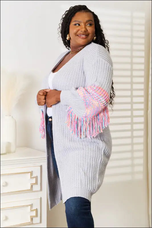 Woven Right Fringe Sleeve Dropped Shoulder Cardigan