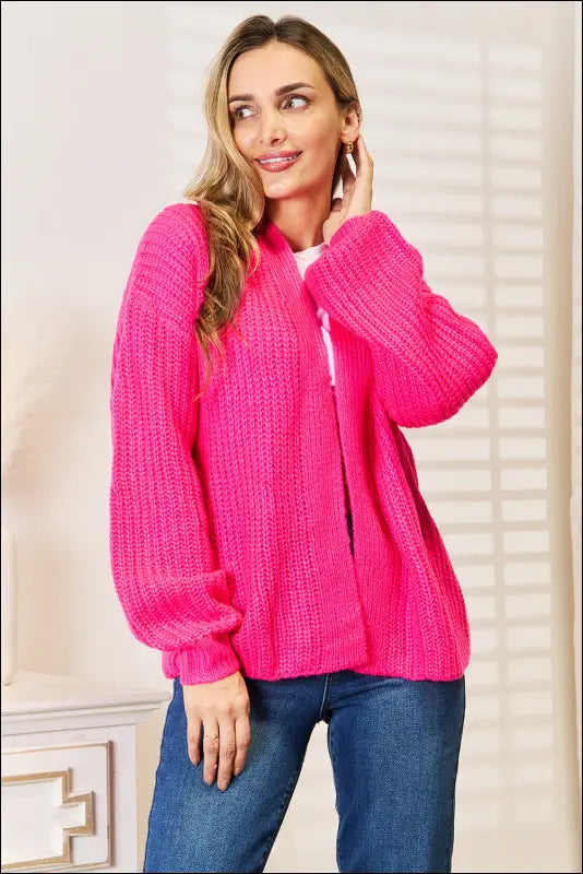 Woven Right Rib-Knit Open Front Drop Shoulder Cardigan