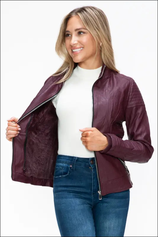 YMI Faux Layered Double-Zipper Jacket with Fuzzy Hood