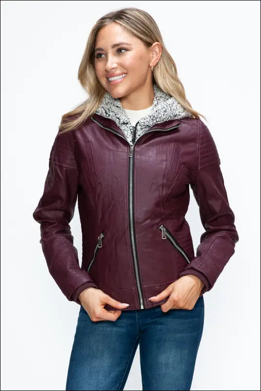 YMI Faux Layered Double-Zipper Jacket with Fuzzy Hood