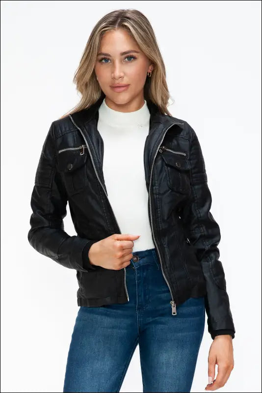 YMI Removable Faux Layered Multi-Pocket Jacket with Fuzzy Hood