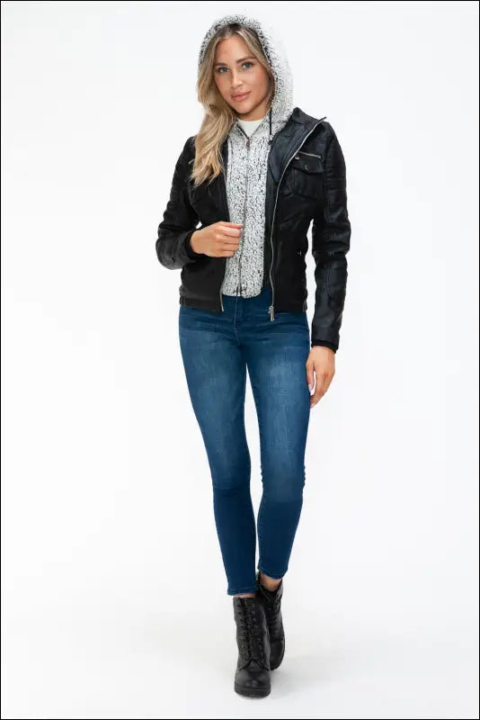 YMI Removable Faux Layered Multi-Pocket Jacket with Fuzzy Hood
