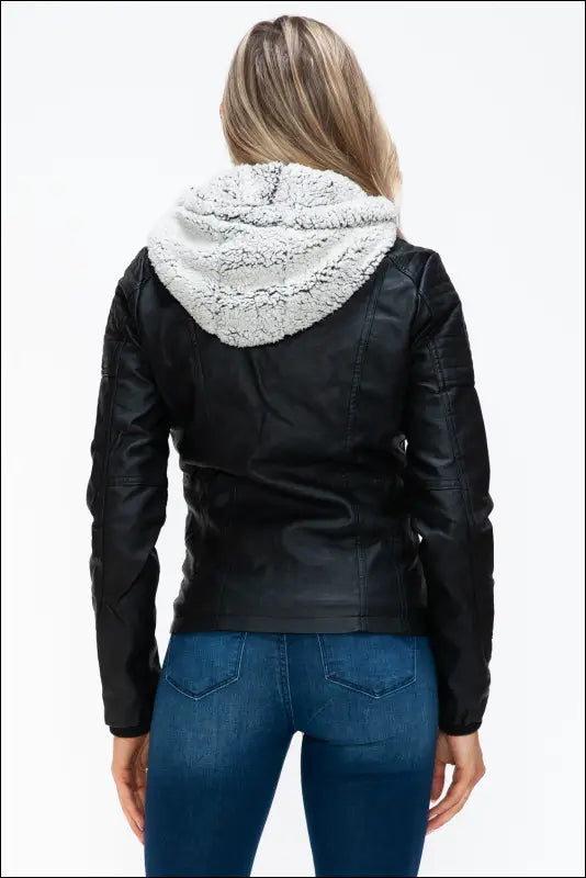 YMI Removable Faux Layered Multi-Pocket Jacket with Fuzzy Hood