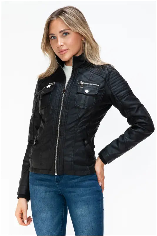 YMI Removable Faux Layered Multi-Pocket Jacket with Fuzzy Hood