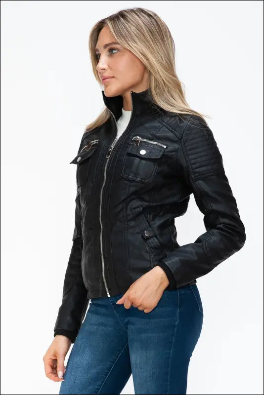YMI Removable Faux Layered Multi-Pocket Jacket with Fuzzy Hood