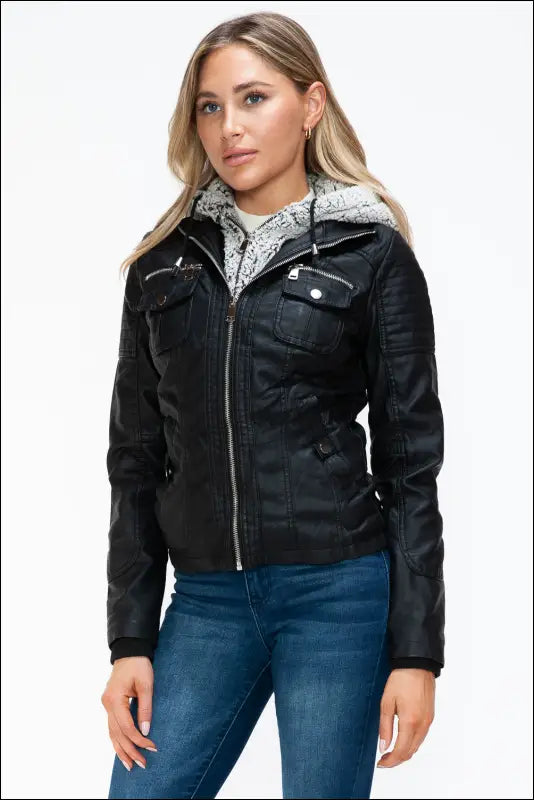 YMI Removable Faux Layered Multi-Pocket Jacket with Fuzzy Hood