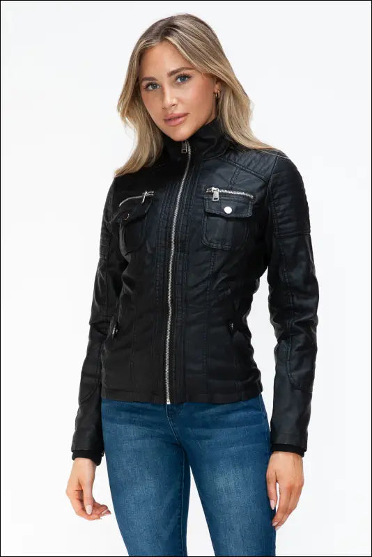 YMI Removable Faux Layered Multi-Pocket Jacket with Fuzzy Hood