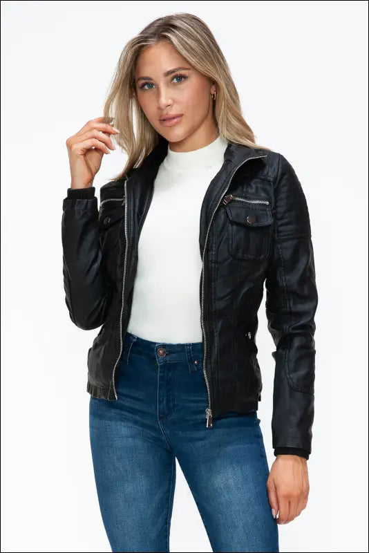 YMI Removable Faux Layered Multi-Pocket Jacket with Fuzzy Hood