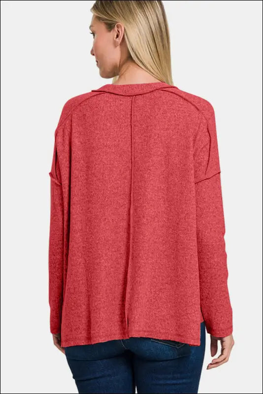 Zenana Full Size Exposed Seam Brushed Round Neck Sweater