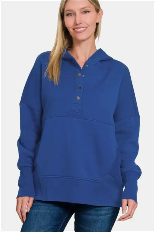 Zenana Half Snap Long Sleeve Hoodie with Kangaroo Pocket - Brushed Hacci Drop Shoulder Cropped