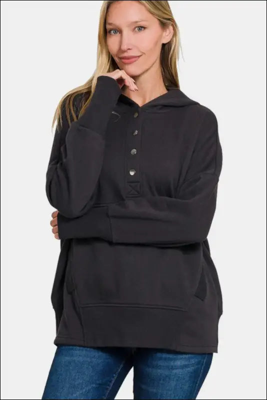 Zenana Half Snap Long Sleeve Hoodie with Kangaroo Pocket