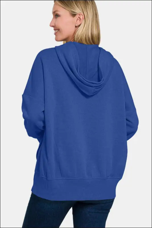 Zenana Half Snap Long Sleeve Hoodie with Kangaroo Pocket - Brushed Hacci Drop Shoulder Cropped