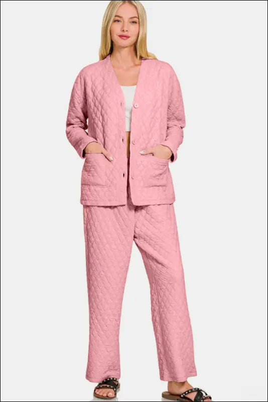 Zenana Quilted Button Up Long Sleeve Top and Pants Lounge Set