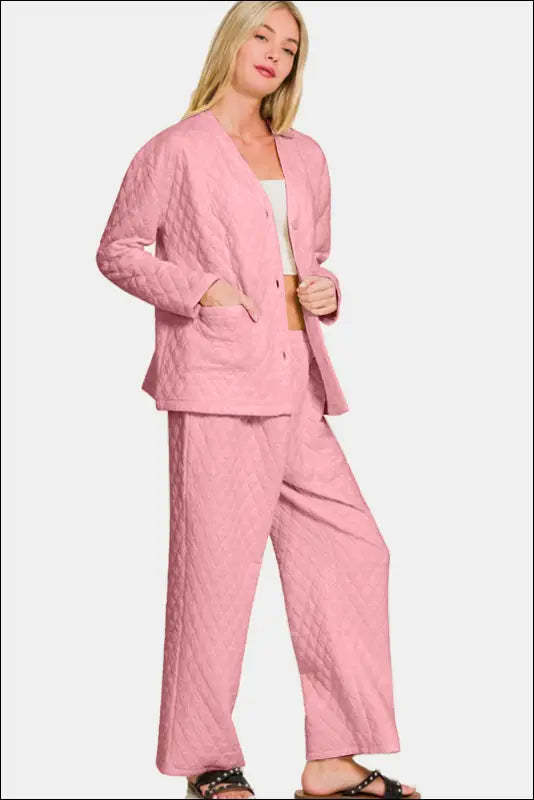 Zenana Quilted Button Up Long Sleeve Top and Pants Lounge Set