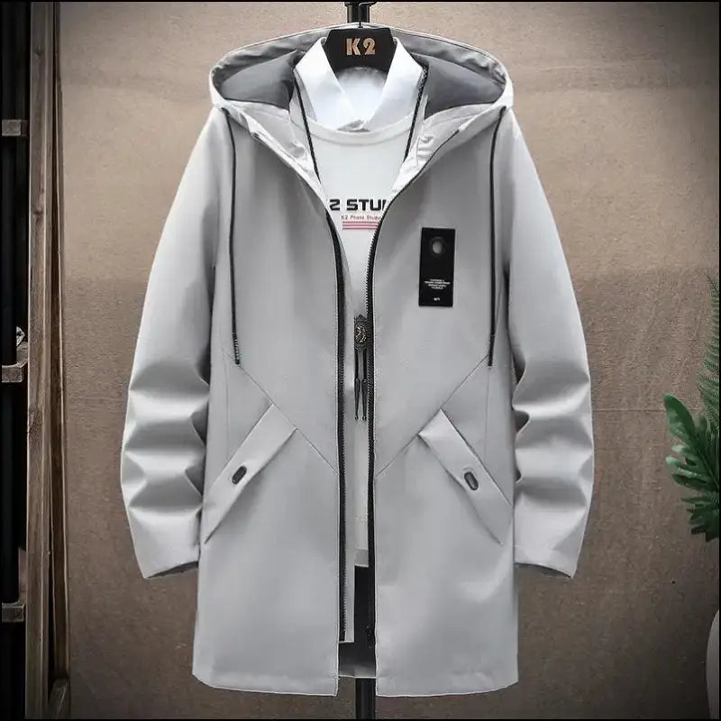 2023 Spring Men’s Classic Fashion Trend Long Windbreaker Men Casual Loose Large Size High-Quality Hooded Coat - gray