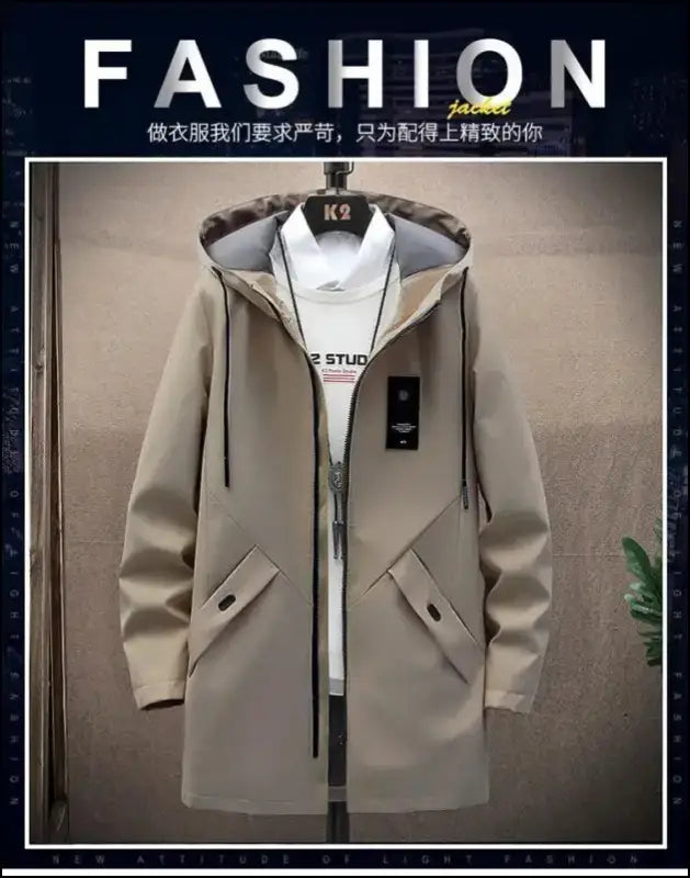2023 Spring Men’s Classic Fashion Trend Long Windbreaker Men Casual Loose Large Size High-Quality Hooded Coat
