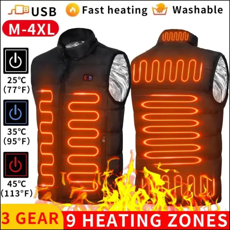 9 Heated Vest Zones Electric Jackets for Men & Women - Graphene Heat Coat USB Heating Sportswear Camping Outdoor