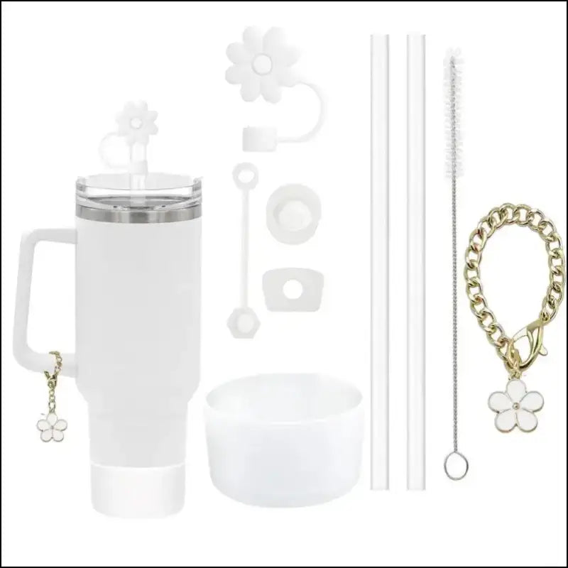 9pcs Accessories Set for Stanley Cup - Spill Proof Stopper Straw Covers Flower Charm Chain Brushes & More - Complete
