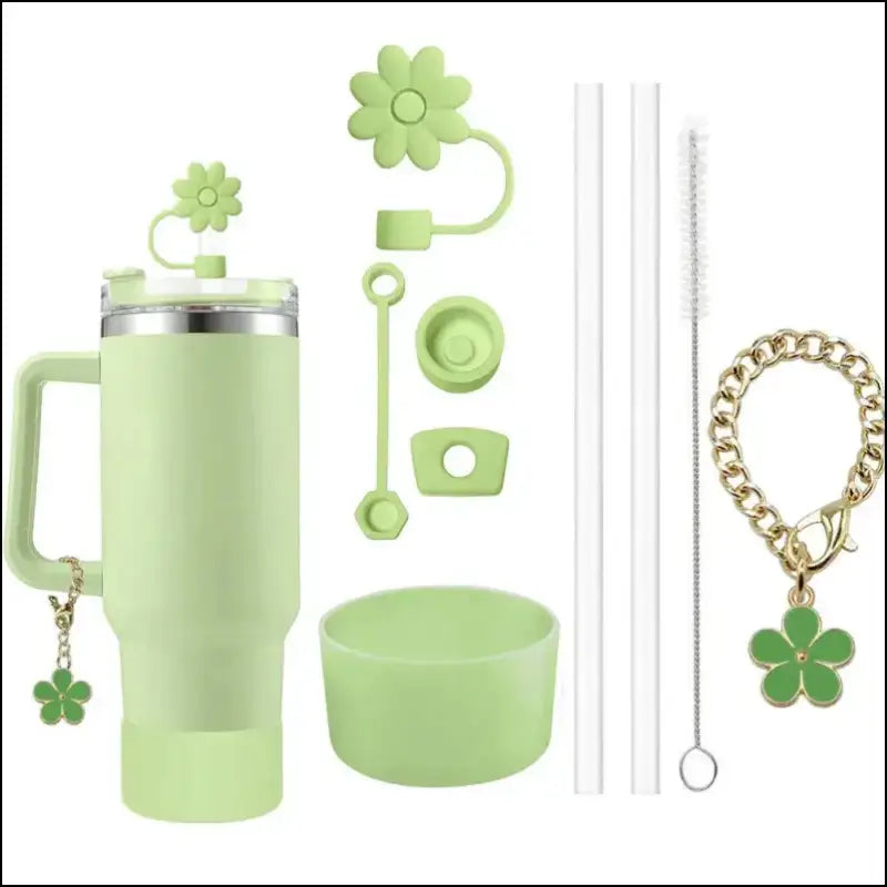 9pcs Accessories Set for Stanley Cup - Spill Proof Stopper Straw Covers Flower Charm Chain Brushes & More - Complete