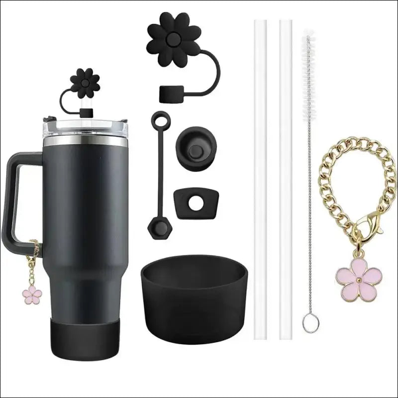 9pcs Accessories Set for Stanley Cup - Spill Proof Stopper Straw Covers Flower Charm Chain Brushes & More - Complete