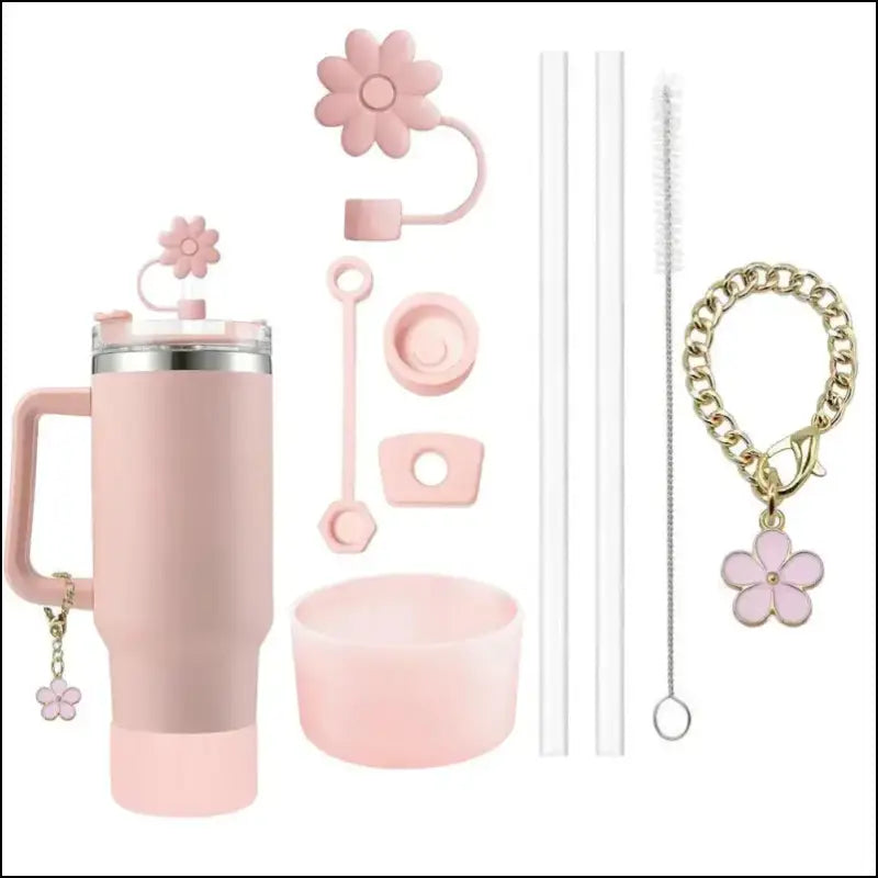 9pcs Accessories Set for Stanley Cup - Spill Proof Stopper Straw Covers Flower Charm Chain Brushes & More - Complete