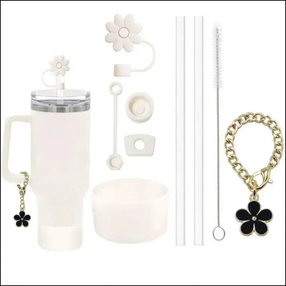 9pcs Accessories Set for Stanley Cup - Spill Proof Stopper Straw Covers Flower Charm Chain Brushes & More - Complete