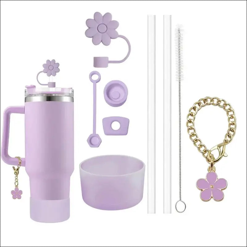 9pcs Accessories Set for Stanley Cup - Spill Proof Stopper Straw Covers Flower Charm Chain Brushes & More - Complete