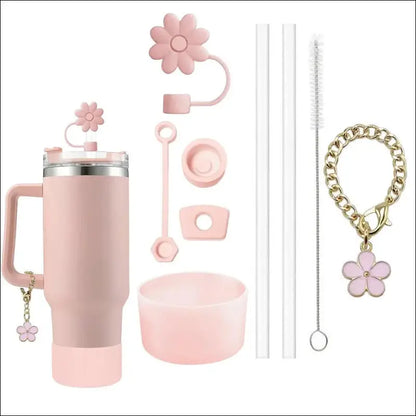 9pcs Accessories Set for Stanley Cup - Spill Proof Stopper Straw Covers Flower Charm Chain Brushes & More - Complete