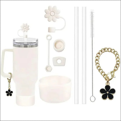 9pcs Accessories Set for Stanley Cup - Spill Proof Stopper Straw Covers Flower Charm Chain Brushes & More - Complete