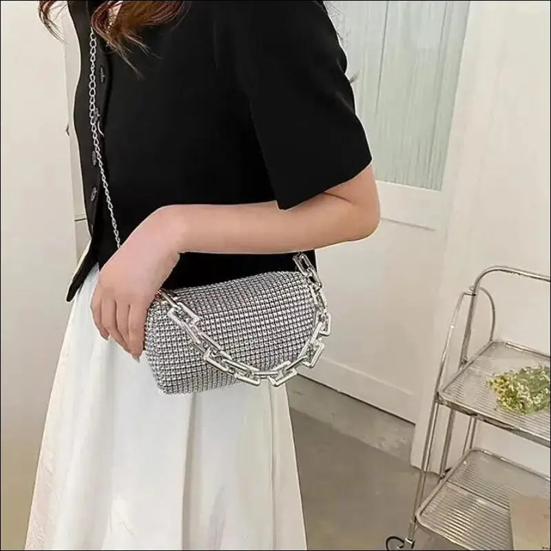 Allover Rhinestone Bucket Bag | Glitter Chain Prom Purse | Women’s Mini Crossbody (6.3*3.54 Inches)