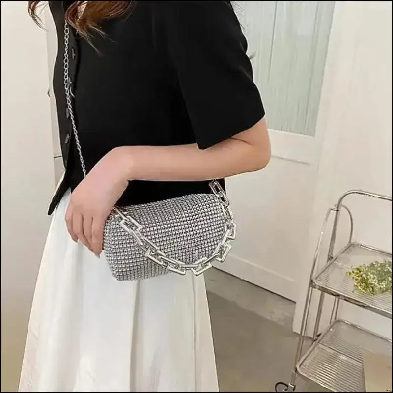 Allover Rhinestone Bucket Bag | Glitter Chain Prom Purse | Women’s Mini Crossbody (6.3*3.54 Inches)