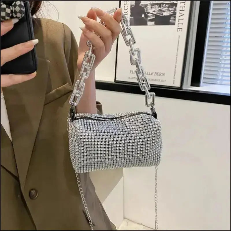 Allover Rhinestone Bucket Bag | Glitter Chain Prom Purse | Women’s Mini Crossbody (6.3*3.54 Inches)