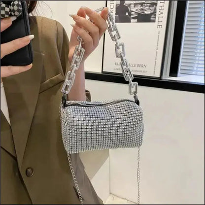 Allover Rhinestone Bucket Bag | Glitter Chain Prom Purse | Women’s Mini Crossbody (6.3*3.54 Inches)