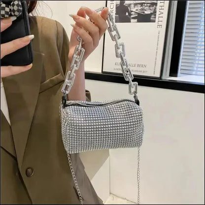 Allover Rhinestone Bucket Bag | Glitter Chain Prom Purse | Women’s Mini Crossbody (6.3*3.54 Inches)