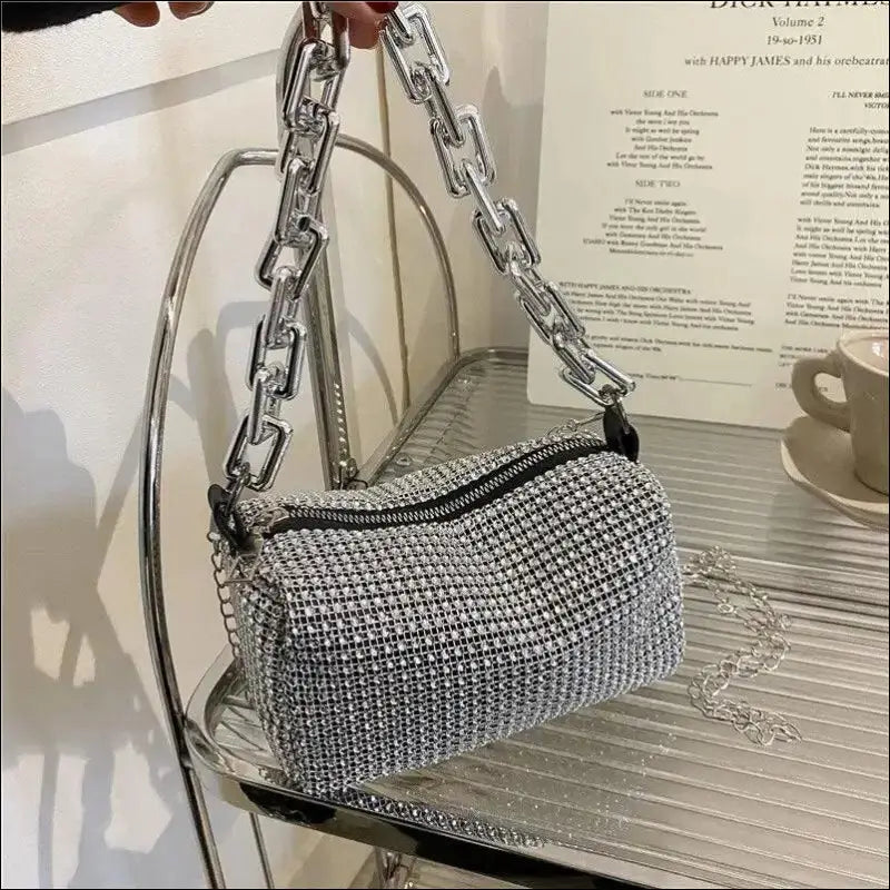 Allover Rhinestone Bucket Bag | Glitter Chain Prom Purse | Women’s Mini Crossbody (6.3*3.54 Inches)