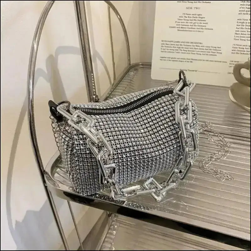 Allover Rhinestone Bucket Bag | Glitter Chain Prom Purse | Women’s Mini Crossbody (6.3*3.54 Inches)