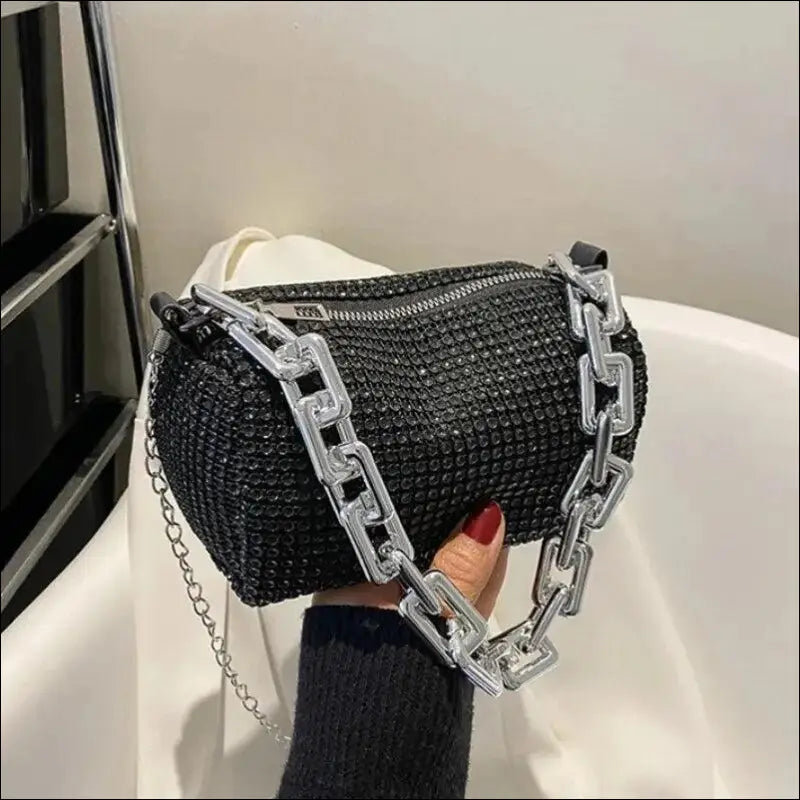 Allover Rhinestone Bucket Bag | Glitter Chain Prom Purse | Women’s Mini Crossbody (6.3*3.54 Inches) - Black