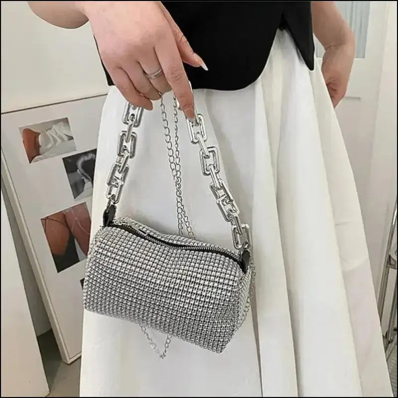 Allover Rhinestone Bucket Bag | Glitter Chain Prom Purse | Women’s Mini Crossbody (6.3*3.54 Inches)