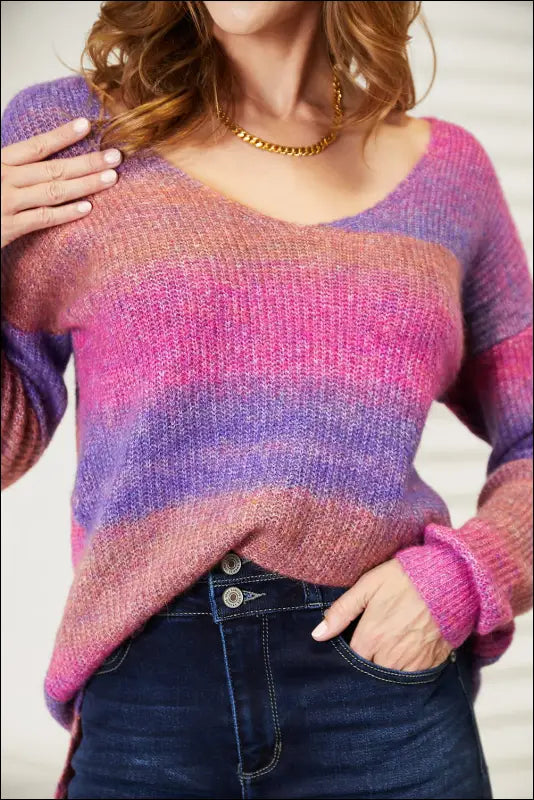 Angel Wings Multicolored Rib-Knit V-Neck Knit Pullover