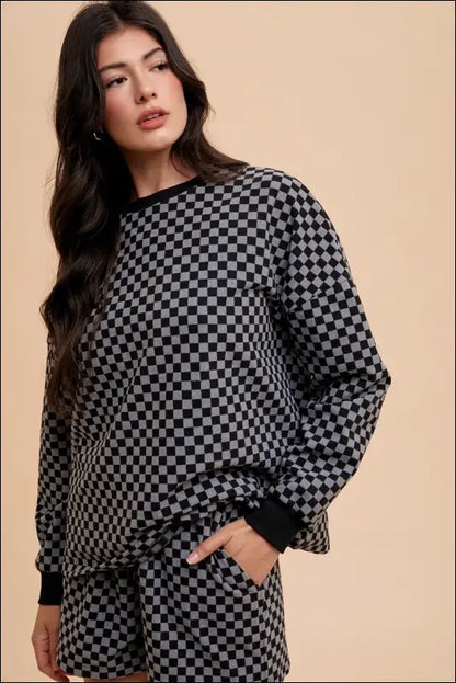 Annie Wear Checkered Round Neck Top and Drawstring Shorts Set - Black / S