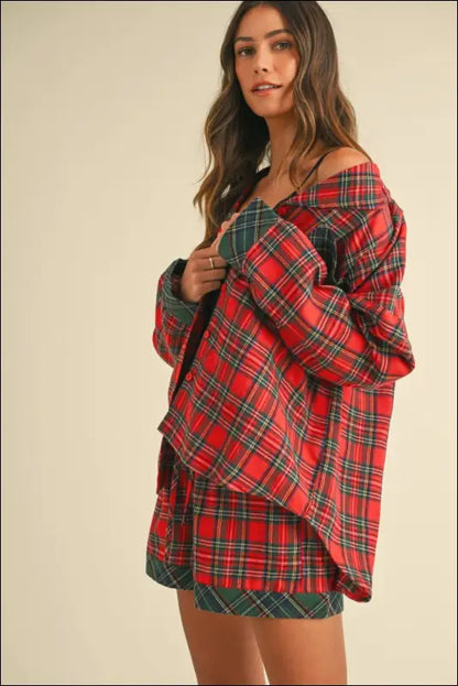 Annie Wear Contrast Plaid Long Sleeve Top and Shorts Set