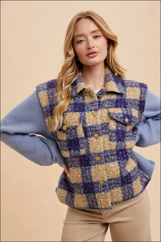 Annie Wear Faux Fur Plaid Button Up Jacket - Blue / S