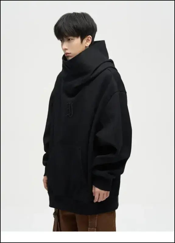 Autumn Ninja Streetwear Men’s Turtleneck Hoodie – Letter Embroidered Hip Hop Vintage Y2K Fleece Sweatshirt