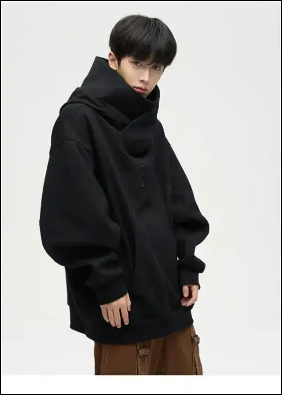Autumn Ninja Streetwear Men’s Turtleneck Hoodie – Letter Embroidered Hip Hop Vintage Y2K Fleece Sweatshirt