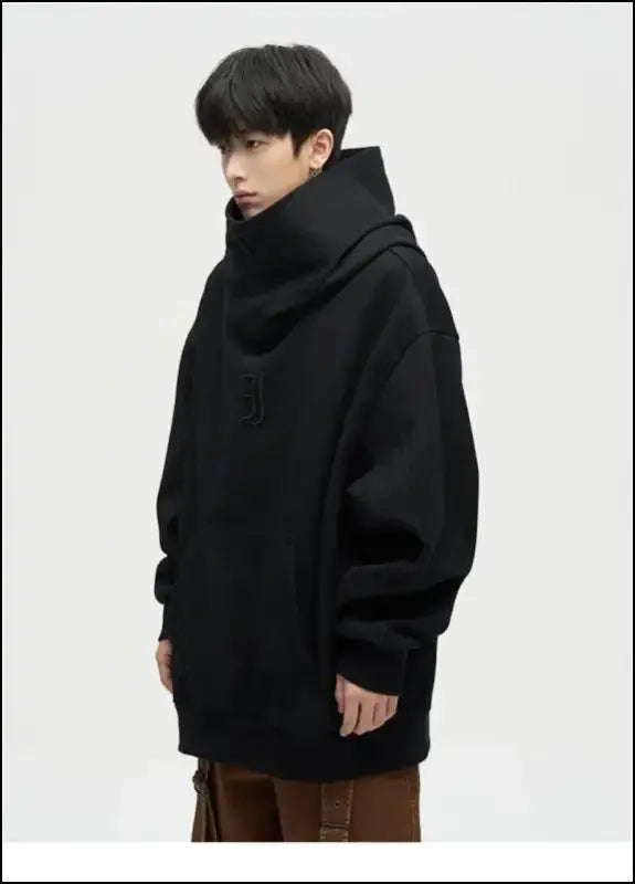 Autumn Ninja Streetwear Men’s Turtleneck Hoodie – Letter Embroidered Hip Hop Vintage Y2K Fleece Sweatshirt