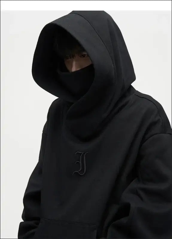 Autumn Ninja Streetwear Men’s Turtleneck Hoodie – Letter Embroidered Hip Hop Vintage Y2K Fleece Sweatshirt